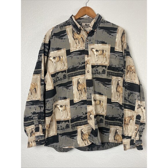 Vtg Bit & Bridle Button Down Shirt Long Sleeve Men's Size L Horses Western Paint - Picture 1 of 9